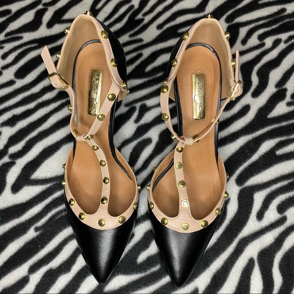 Black/Tan Genuine Leather T-Strap Heels With Gold Details